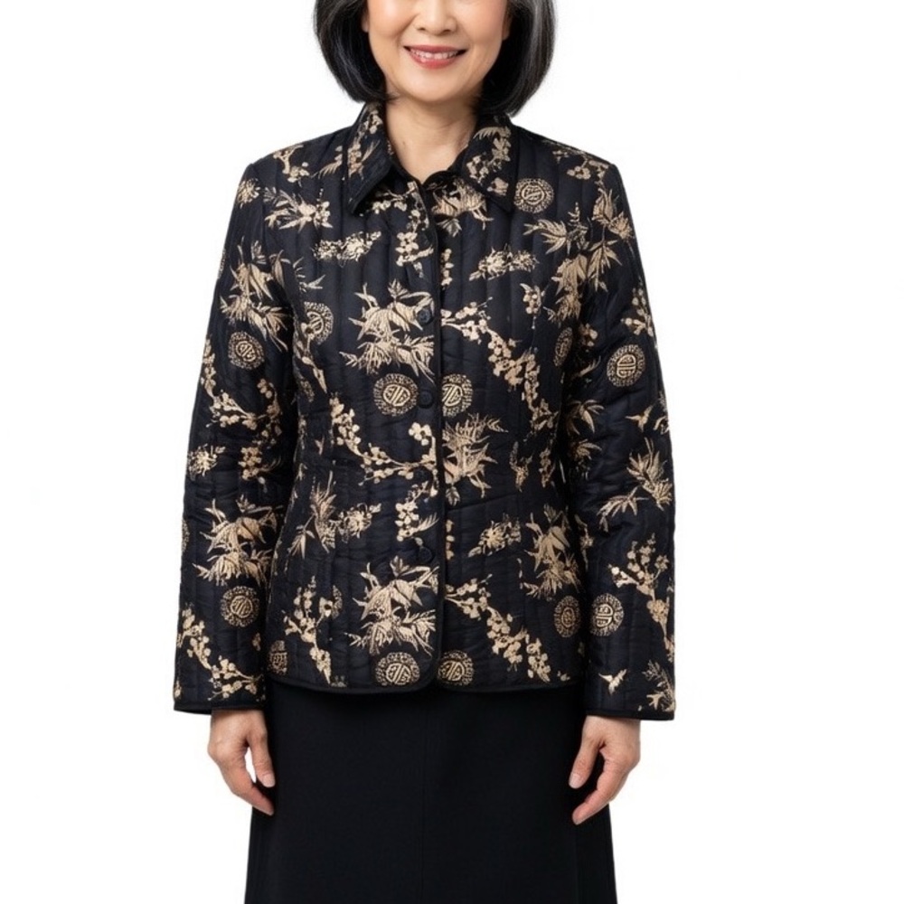 Vintage Carole Little Black Silk Asian Floral Lightweight Puffer Jacket sz S